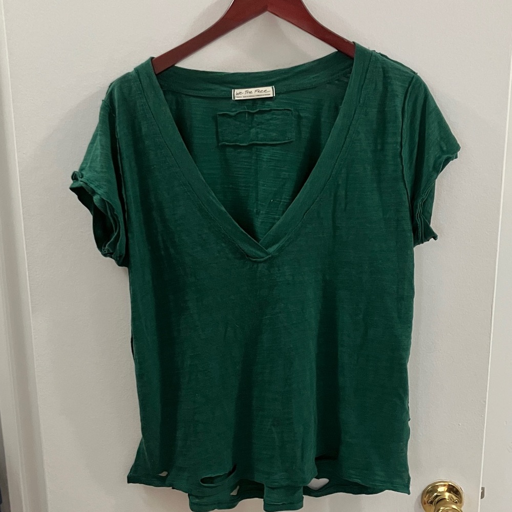 Free People Forest Green V-Neck Short Sleeve Top